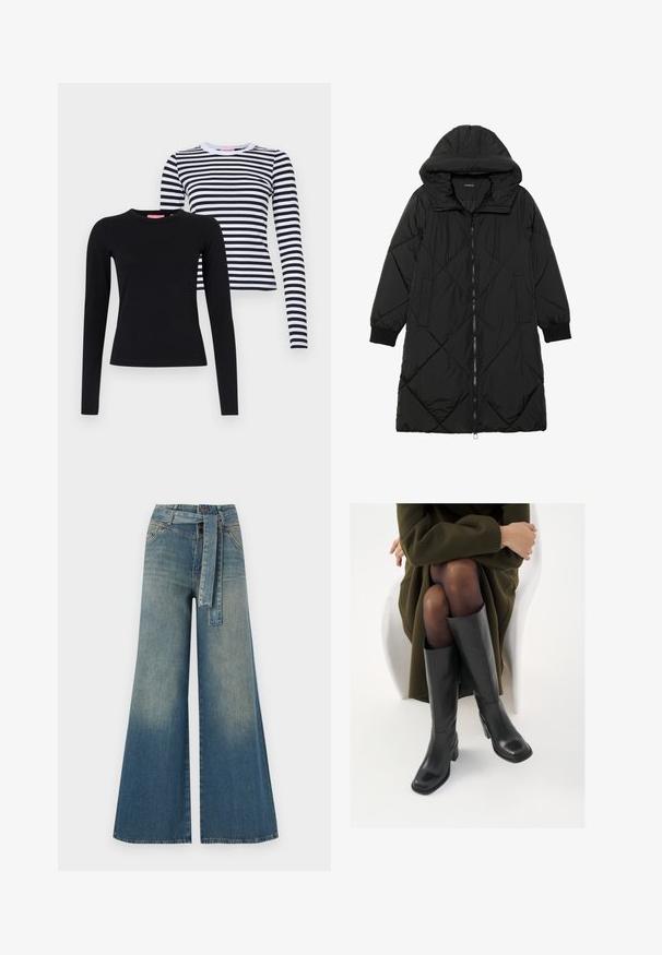 Crna tkanina sa štepom puffer kaput s kapuljačom, sa zatvaračem na zip, bočnim džepovima i elastičnim manžetama. Glatka, vodootporna tkanina.; Dva majice s dugim rukavima: jedna potpuno crna, a druga bijela s crnim horizontalnim prugama. Obe imaju okrugle izreze i prilagođeni su dizajn.; Široke traperice s gradijentom od svijetloplave do tamnoplave, visokog struka, petljama za remen i remenom od istog materijala. Teksturirana traper tkanina.; Čizme od crne kože do koljena sa četvrtastim vrhom i blok petom, prikazane s manekenkom koja sjedi u maslinasto zelenom kaputu. Glatka tekstura, minimalni detalji.