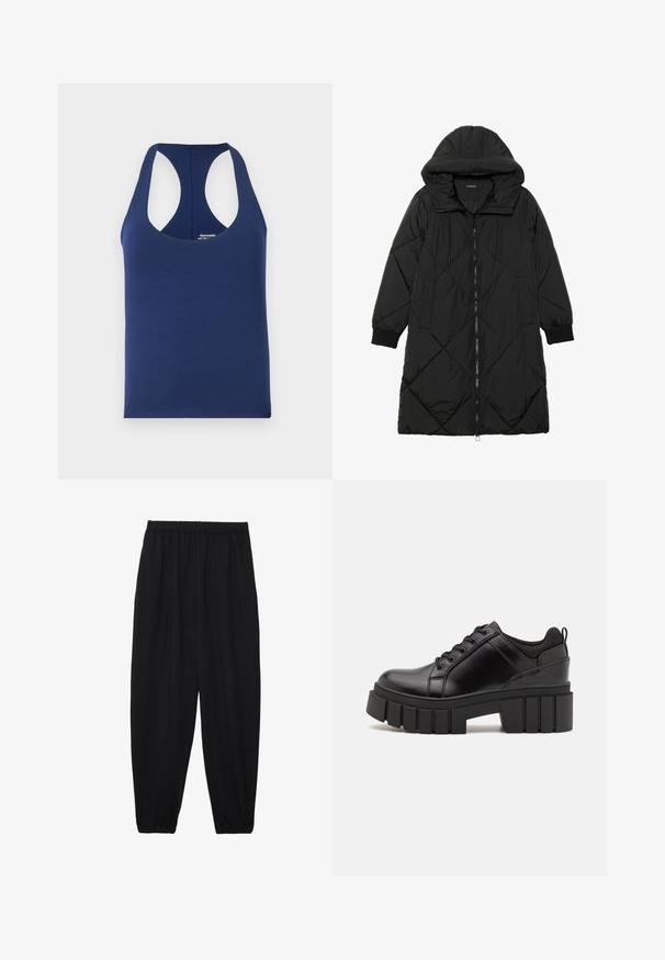 Cappotto imbottito nero trapuntato con cappuccio, caratterizzato da chiusura con zip, tasche laterali e polsini elastici. Tessuto liscio e resistente all'acqua.; Canotta senza maniche di colore blu navy realizzata in morbido cotone. Presenta un collo rotondo e fori per le braccia ampi. Design semplice e aderente senza motivi.; Pantaloni neri leggeri con vita elastica e caviglie arricciate. Il tessuto è liscio e presenta un design rilassato e affusolato.; Scarpe platform in pelle nera con tacco a blocco robusto, punta rotonda e design tradizionale con lacci. Presentano una superficie liscia e dettagli minimi.