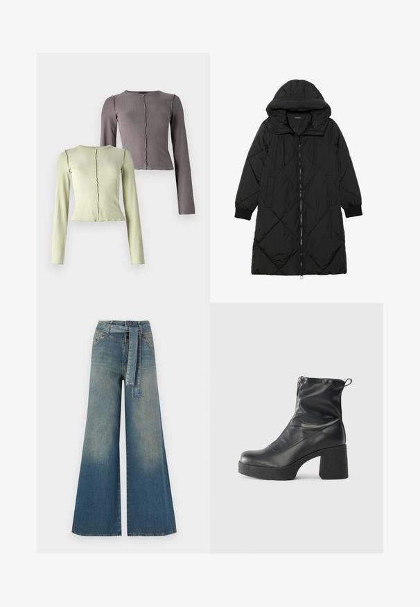 Fekete steppelt pufi kabát kapucnival, cipzáras záródással, oldalsó zsebekkel és elasztikus mandzsettákkal. Simább, vízlepergető anyag.; Két hosszú ujjú, bordázott felső világos zöld és sötétszürke színben. Mindkettő kerek nyakkivágással és diszkrét hullámos szegőrésszel rendelkezik.; Bőszárú farmernadrág, világos és sötétkék árnyalatokkal, magas derekú, övgyűrűkkel és a nadrággal megegyező anyagú övvel. Textúrált farmer kivitel.; Fekete bokacsizmák sima bőrből, oldalsó cipzárral, vastag, texturált sarkú és lekerekített orrú dizájnnal.