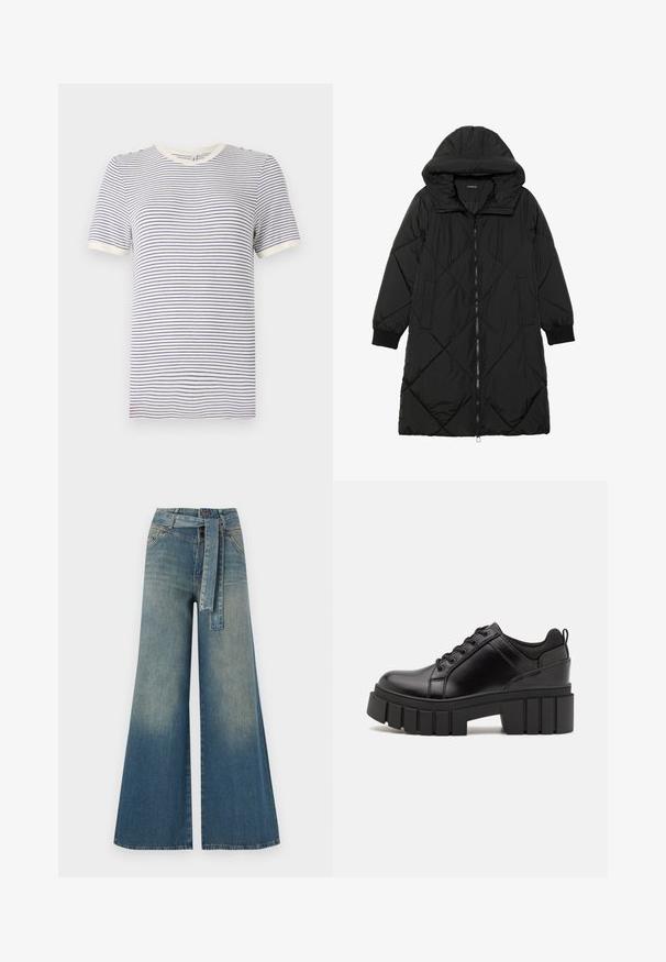Abrigo acolchado negro con capucha, que cuenta con cierre de cremallera, bolsillos laterales y puños elásticos. Fabricado con un tejido liso y resistente al agua.; Camiseta a rayas en blanco y marino, de manga corta, con cuello redondo, con cuello y dobladillos de las mangas en contraste. Material suave de algodón.; Pantalones de mezclilla de pierna ancha con un degradado de azul claro a oscuro, cintura alta, trabillas para cinturón y un cinturón de tela a juego. Acabado de mezclilla texturizada.; Zapatos de plataforma de cuero negro con un tacón cuadrado grueso, punta redonda y diseño tradicional de cordones. Presenta una textura suave y un detalle minimalista.