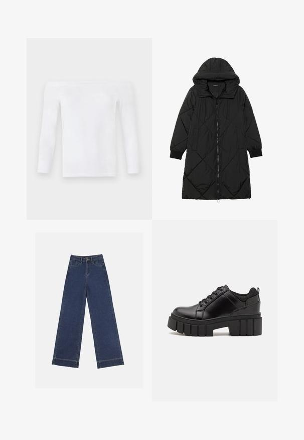 Svart quiltet puffjakke med hette, med glidelås, sidelommer og elastiske mansjetter. Glatt, vannavvisende stoff.; Hvit off-shoulder langermet topp laget av myk stoff, med en passende design, jevn tekstur og minimale sømmer.; Videbenede dressbukser i mørkeblå denim. Har fem lommer, beltestropper og en rå kant i bunden med synlige stikninger.; Svarte lærplattformsko med kraftig blokkhell, rund tå og tradisjonell snøring. Har en jevn tekstur og minimal detaljering.