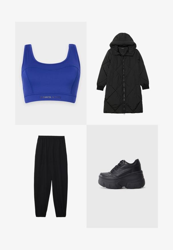 Crna tkanina sa štepom puffer kaput s kapuljačom, sa zatvaračem na zip, bočnim džepovima i elastičnim manžetama. Glatka, vodootporna tkanina.; Plavi sportskih grudnjak izrađen od rastezljivog materijala. Ima okrugli izrez, široke naramenice i donji elastični pojas s natpisom "7 DAYS ACTIVE" ispisanim u srebrnoj boji.; Crne, lagane hlače s elastičnom stražnjom pasicom i naboranim gležnjevima. Tkanina je glatka i ima opušteni, suženi dizajn.; Crne tenisice na vezanje s debelim potplatom, koje imaju glatku kožnu gornju stranu, zaobljeni vrh i izražen slojeviti dizajn platforme.