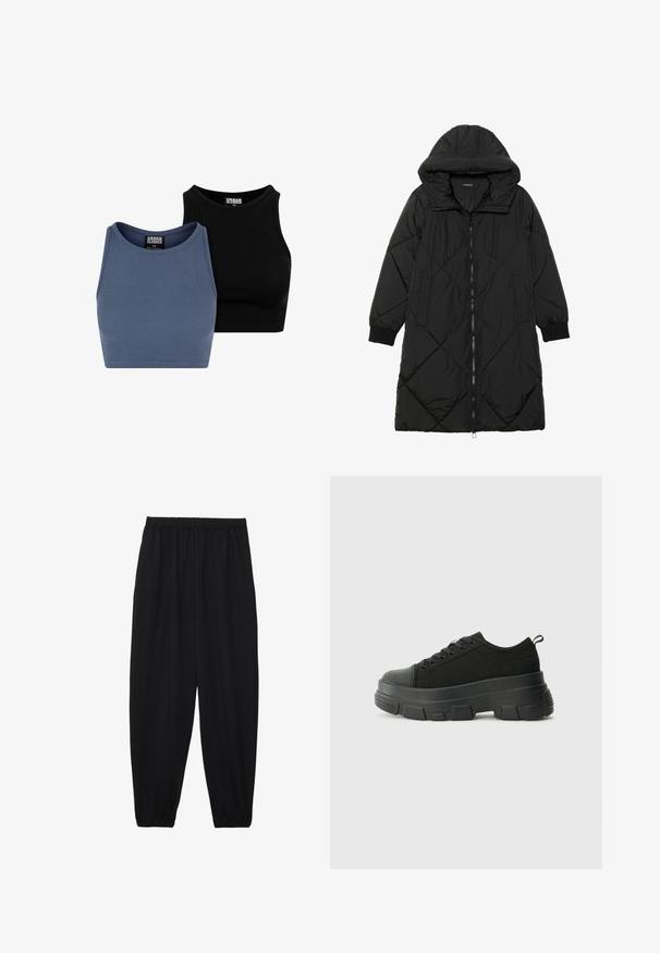 Must-havesinise mustris quiltitudis puffer jakk, millel on kapuuts, tõmblukk, küljetaskud ja elastsed varrukad. Sile, veekindel kangas.; Kaks ribadega lühikest toppi sinises ja mustas värvitoonis, ümarate kaelustega ja voolava disainiga, valminud venivast kangast mugava istuvuse tagamiseks.; Mustad, kerge kangas püksid elastse vöökoha ja kokku volditud pahkluudega. Kanga pind on sile ja disain on lõdvestunud, kitsenev.; Mustad mustad mustikad, millel on tugev kummist põhi, tekstuuriga kangast pealis, ümar varvas ja seotud disain. Omab tugevdatud silmuseid ja tagumist tõmbeotsta.