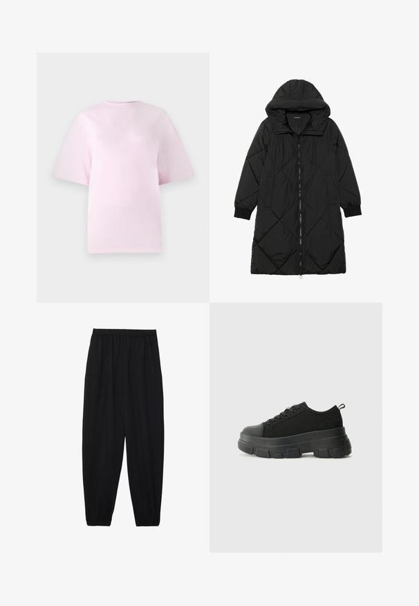 Black quilted puffer coat with a hood, featuring a zip closure, side pockets, and elastic cuffs. Smooth, water-resistant fabric.; Light pink, short-sleeve t-shirt made of soft cotton, featuring a round neckline and a relaxed fit. Smooth texture with no patterns or accents.; Black, lightweight pants with an elastic waistband and gathered ankles. The fabric is smooth and features a relaxed, tapered design.; Black sneakers with a chunky rubber sole, textured fabric upper, round toe, and lace-up design. Features reinforced eyelets and back pull tab.