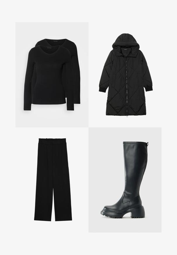 Geacă puffer neagră, matlasată, cu glugă, având închidere cu fermoar, buzunare laterale și manșete elastice. Material neted, rezistent la apă.; Două cămăși negre cu mâneci lungi și decolteu în V, fabricate dintr-un material moale și elastic, cu o textură netedă și o formă ajustată.; Pantaloni largi negri cu un tiv volant, cu două buzunare laterale și un material neted, ușor. Fără modele vizibile sau accesorii.; Cizme lungi din piele neagră cu talpă platformă masivă și tocul pătrat, având un tab de tragere și un model texturat pe talpa exterioară.