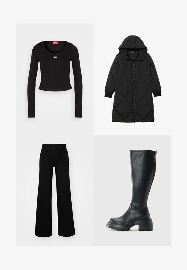Fekete steppelt pufi kabát kapucnival, cipzáras záródással, oldalsó zsebekkel és elasztikus mandzsettákkal. Simább, vízlepergető anyag.; Fekete, hosszú ujjú crop top bordázott anyagból. Kerek nyakkivágással és egy kicsi piros-fehér logóval a mellrészen.; Fekete, bő szárú farmernadrág, amelynek állítható derékrésze van, övhurkokkal és elülső zsebekkel. Simaság jellemzi, klasszikus dizájnnal.; Magas fekete bőrcipő, vastag platform talppal és blokk sarokkal, húzófüllel és texturált profillal az outsole-on.