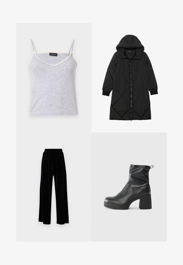 Melnas quiltētas pūkara mētelis ar kapuci, ar rāvējslēdzēja aizdari, sānu kabatām un elastīgām aprocēm. Gluda, ūdensizturīga auduma.; Pelēks ribots tanka krekls ar regulējamiem spaghetti plecu siksniņām. Iezīmē v-veida kakla izgriezumu un saplēstu krēma krāsas apdari gar malām.; Melni platajā stila bikses, izgatavotas no mīksta samta, ar elastīgu jostu un gludu tekstūru, bez redzamām detaļām vai rakstiem.; Melni potītes zābaki, kas izgatavoti no gludas ādas, ar sānu rāvējslēdzēju, masīvu strukturētu papēdi un noapaļotu purngalu.