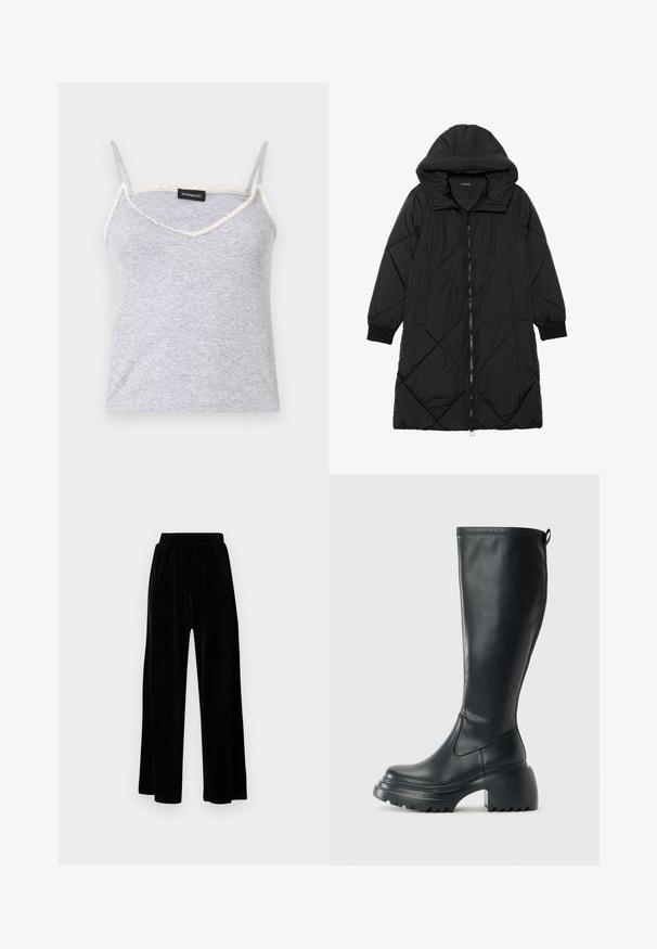 Crna tkanina sa štepom puffer kaput s kapuljačom, sa zatvaračem na zip, bočnim džepovima i elastičnim manžetama. Glatka, vodootporna tkanina.; Sivi rebrasti majica na breteljama s mogućnošću podešavanja. Ima dekolte u obliku slova V i rastrganu kremastu obrub uz rubove.; Crne široke hlače od mekanog velura, s elastičnim pojasom i glatkom teksturom, bez vidljivih detalja ili uzoraka.; Visoke crne kožne čizme s debelim platformskim đonom i blok petom, s patentom za povlačenje i teksturiranim uzorkom na potplatu.