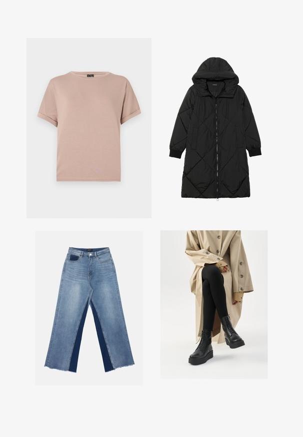 Black quilted puffer coat with a hood, featuring a zip closure, side pockets, and elastic cuffs. Smooth, water-resistant fabric.; Short-sleeve, crew-neck t-shirt made of soft, lightweight fabric in a pastel pink color. Features rolled sleeves and a straight hem.; Light blue wide-leg jeans featuring contrasting dark blue panels, frayed hems, and a standard waist with a metal button closure.; Black leather ankle boots with lace-up detail, raised platform sole, and textured black leggings, worn with a light beige trench coat.