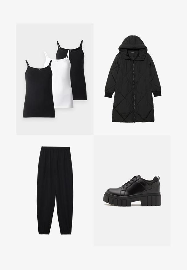 Casaco puffer acolchoado preto com capuz, apresentando um fecho de correr, bolsos laterais e punhos elásticos. Tecido suave e à prova d'água.; Três tops: um preto, um branco, ambos com alças finas e um design ajustado, feitos de um material de algodão suave e elástico.; Calças pretas, leves, com um cinto elástico e punhos franzidos. O tecido é suave e apresenta um design relaxado e afunilado.; Sapatos de plataforma em couro preto com um salto bloco robusto, bico redondo e design clássico de atacadores. Apresentam uma textura suave e detalhes mínimos.