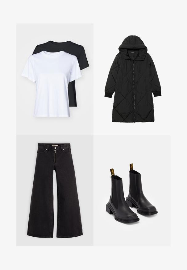 Cappotto imbottito nero trapuntato con cappuccio, caratterizzato da chiusura con zip, tasche laterali e polsini elastici. Tessuto liscio e resistente all'acqua.; Due magliette a maniche corte, di colore nero e bianco, realizzate in cotone morbido, con un classico colletto rotondo e una vestibilità regolare.; Jeans a gamba larga in denim nero con chiusura a zip, design a cinque tasche e dettagli di cucitura sottili. Texture morbida e stile casual.; Stivaletti neri alla caviglia in pelle liscia con pannelli elastici laterali, punta quadrata e tacco spesso. Presentano linguette gialle con logo.