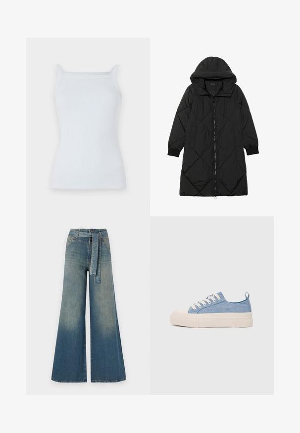 Fekete steppelt pufi kabát kapucnival, cipzáras záródással, oldalsó zsebekkel és elasztikus mandzsettákkal. Simább, vízlepergető anyag.; Világoskék bordás ujjatlan felső keskeny pántokkal és egyenes dekoltázzsal. Puha anyagból készült, fitted fazonú, minimális részletezéssel.; Bőszárú farmernadrág, világos és sötétkék árnyalatokkal, magas derekú, övgyűrűkkel és a nadrággal megegyező anyagú övvel. Textúrált farmer kivitel.; Világoskék vászon sportcipők, krémszínű gumitippel és talppal, fehér fűzőkkel és egy húzófüllel a sarkán.