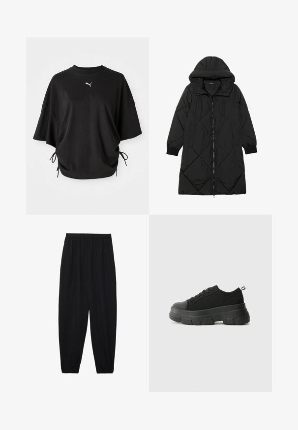 Fekete steppelt pufi kabát kapucnival, cipzáras záródással, oldalsó zsebekkel és elasztikus mandzsettákkal. Simább, vízlepergető anyag.; Fekete, rövid ujjú pamut póló, kerek nyakkivágással és oldalsó húzózsinórokkal az állítható illeszkedésért; fehér Puma logó a mellkason.; Fekete, könnyű nadrág elasztikus derékkal és ráncolt bokákkal. Az anyag sima és laza, szűkített dizájnnal rendelkezik.; Fekete sportcipők vastag gumitalppal, texturált szövet felsőrésszel, kerek orral és fűzős kialakítással. Megerősített fűzőlyukakkal és hátsó húzófüllel rendelkezik.