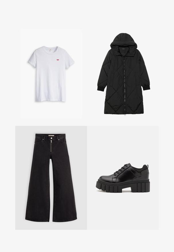 Must-havesinise mustris quiltitudis puffer jakk, millel on kapuuts, tõmblukk, küljetaskud ja elastsed varrukad. Sile, veekindel kangas.; Valge puuvillane t-särk lühikeste varrukatega ja ümmarguse kaelusega. Vasakul rinnal on väike punane Levi's'i logo.; Laiad teksad mustast denimist, millel on lukuga eesmine osa, viie taskuga disain ja peened õmblusdetailid. Sile tekstuur ja juhuslik stiil.; Must musta platvormsussid paksu plokkninal, ümmarguse varbaga ja traditsioonilise nööridega kinnitamisega. Sussid on sileda tekstuuriga ja minimaalsete detailidega.