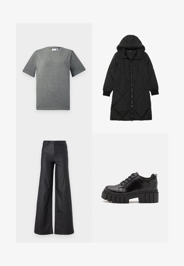 Μαύρο πλεκτό μπουφάν με κουκούλα, που διαθέτει κλείσιμο με φερμουάρ, πλαϊνές τσέπες και ελαστικούς καρπούς. Λείο, αδιάβροχο ύφασμα.; Γκρι κοντομάνικο μπλουζάκι φτιαγμένο από απαλό μείγμα βαμβακιού. Στρογγυλή λαιμόκοψη, χαλαρή γραμμή με λεία υφή και μίνιμαλ σχέδιο.; Μαύρο παντελόνι φαρδιάς γραμμής σε υλικό με faux δερματίνη. Διαθέτει ψηλή μέση, θηλιές ζώνης, δύο μπροστινές τσέπες και ραφές λεπτομέρειας.; Μαύρα δερμάτινα παπούτσια πλατφόρμας με παχύ μπλοκ τακούνι, στρογγυλή μύτη και παραδοσιακό σχέδιο δέσιμο. Διαθέτουν λεία υφή και ελάχιστες λεπτομέρειες.