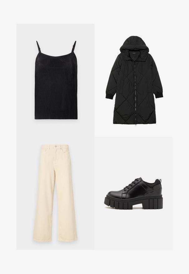 Zwarte gewatteerde pufferjas met een capuchon, voorzien van een ritssluiting, zijzakken en elastische manchetten. Glad, waterafstotend materiaal.; Zwarte cami met verticale ribbelstructuur, dunne verstelbare bandjes en een losse pasvorm. De stof heeft een subtiele glans.; Beige wijde jeans gemaakt van katoen. Voorzien van een knoopsluiting, riemlussen en voorzakken met een gladde, zachte textuur.; Zwarte leren platform schoenen met een stevige blokhak, ronde neus en een traditionele vetersluiting. Kenmerkt zich door een gladde textuur en minimale details.