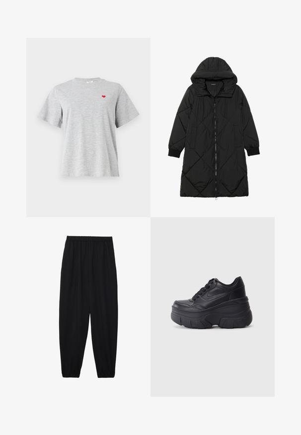 Casaco puffer acolchoado preto com capuz, apresentando um fecho de correr, bolsos laterais e punhos elásticos. Tecido suave e à prova d'água.; T-shirt cinza de manga curta feito de tecido de algodão. Apresenta um pequeno coração vermelho bordado na área esquerda do peito. Decote clássico tipo crew.; Calças pretas, leves, com um cinto elástico e punhos franzidos. O tecido é suave e apresenta um design relaxado e afunilado.; Ténis pretos com atacadores e sola robusta, apresentando um cabedal em couro liso, bico arredondado e um design de plataforma em camadas distinto.
