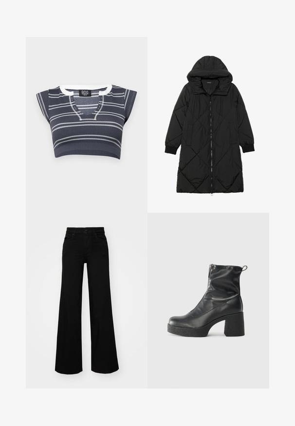 Svart quiltet puffjakke med hette, med glidelås, sidelommer og elastiske mansjetter. Glatt, vannavvisende stoff.; Marineblå kort topp med hvite horisontale striper, ribbestruktur, korte ermer og V-hals med knappdetaljer.; Svart vide bukser laget av denim, med en strukturert midjebånd, beltestropper og frontlommer. Glatt tekstur med et klassisk design.; Svarte ankelstøvler laget av glatt lær, med glidelås på siden, chunky strukturert hæl, og rund tå-design.