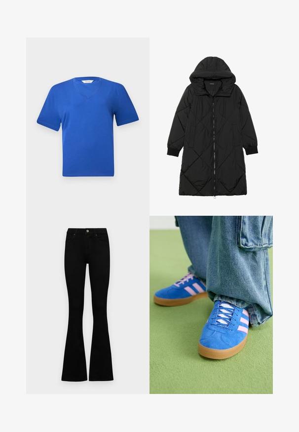 Abrigo acolchado negro con capucha, que cuenta con cierre de cremallera, bolsillos laterales y puños elásticos. Fabricado con un tejido liso y resistente al agua.; Camiseta de algodón azul de cuello en V con manga corta, que presenta una textura suave y un corte clásico y relajado. Sin patrones ni adornos visibles.; Jeans negros de cintura alta con cierre de botón y cremallera, bolsillos frontales y piernas acampanadas, dispuestos sobre un fondo blanco.; Zapatos de gamuza azul con rayas rosas y cordones blancos, con una suela de goma, combinados con pantalones denim holgados sobre una superficie verde.
