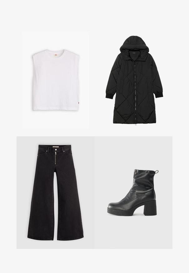 Crna tkanina sa štepom puffer kaput s kapuljačom, sa zatvaračem na zip, bočnim džepovima i elastičnim manžetama. Glatka, vodootporna tkanina.; Bijela pamučna majica bez rukava s okruglim izrezom, ravnog kroja, i malom crvenom oznakom na donjem rubu. Mekana tekstura.; Široke traperice od crnog denima s prednjim zatvaračem, dizajnom s pet džepova i suptilnim detaljima šivanja. Glatka tekstura i ležeran stil.; Crne gležnjače od glatke kože, s bočnim zatvaračem, debelim teksturiranim potplatom i dizajnom s zaobljenim prstima.
