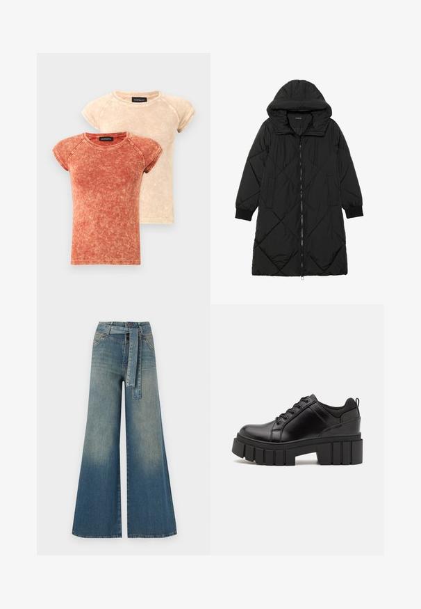 Schwarze, gesteppten Puffermantel mit Kapuze, ausgestattet mit einem Reißverschluss, seitlichen Taschen und elastischen Bündchen. Glattes, wasserabweisendes Material.; Zwei kurzärmelige T-Shirts mit Rundhalsausschnitt in verblasstem Rot und Beige. Der Stoff hat eine gewaschene Textur mit kontrastierenden Nähdetails.; Weit geschnittene Denim-Hosen mit einem Farbverlauf von hellblau zu dunkelblau, hoher Taille, Gürtelschlaufen und einem passenden Stoffgürtel. Strukturierte Denim-Oberfläche.; Schwarze Lederplateauschuhe mit klobigem Blockabsatz, runder Zehenpartie und traditionellem Schnürdesign. Verfügt über eine glatte Textur und minimale Details.