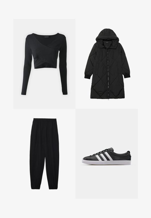 Crna tkanina sa štepom puffer kaput s kapuljačom, sa zatvaračem na zip, bočnim džepovima i elastičnim manžetama. Glatka, vodootporna tkanina.; Even&Odd Top dugih rukava - black; Crne, lagane hlače s elastičnom stražnjom pasicom i naboranim gležnjevima. Tkanina je glatka i ima opušteni, suženi dizajn.; Crne kožne tenisice s bijelim dizajnom od tri pruge, zaobljenim prstom, ravnim bijelim gumiranim potplatom i oznakom branda sa strane.