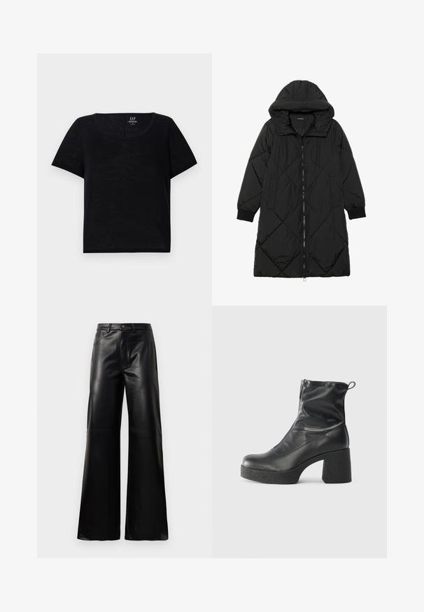 Svart quiltet puffjakke med hette, med glidelås, sidelommer og elastiske mansjetter. Glatt, vannavvisende stoff.; Svart kortermet T-skjorte med rund hals. Laget av lett stoff med en litt teksturert overflate. Har en avslappet passform.; Sorte høy midje vide ben bukser i imitert skinn med knapp foran, glidelås, beltehemper og sidelommer på hvit bakgrunn.; Svarte ankelstøvler laget av glatt lær, med glidelås på siden, chunky strukturert hæl, og rund tå-design.