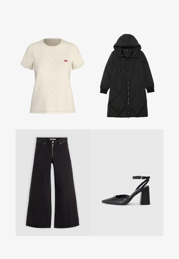 Black quilted puffer coat with a hood, featuring a zip closure, side pockets, and elastic cuffs. Smooth, water-resistant fabric.; Cream colored short-sleeve t-shirt made of cotton blend fabric. Features a small red Levi's logo on the left chest. Classic crew neck design.; Wide-leg jeans in black denim with a zippered front, five-pocket design, and subtle stitching details. Smooth texture and casual style.; Black leather pointy-toe pump with an ankle strap and a chunky heel. Flat texture, sleek design, and minimalistic aesthetics.