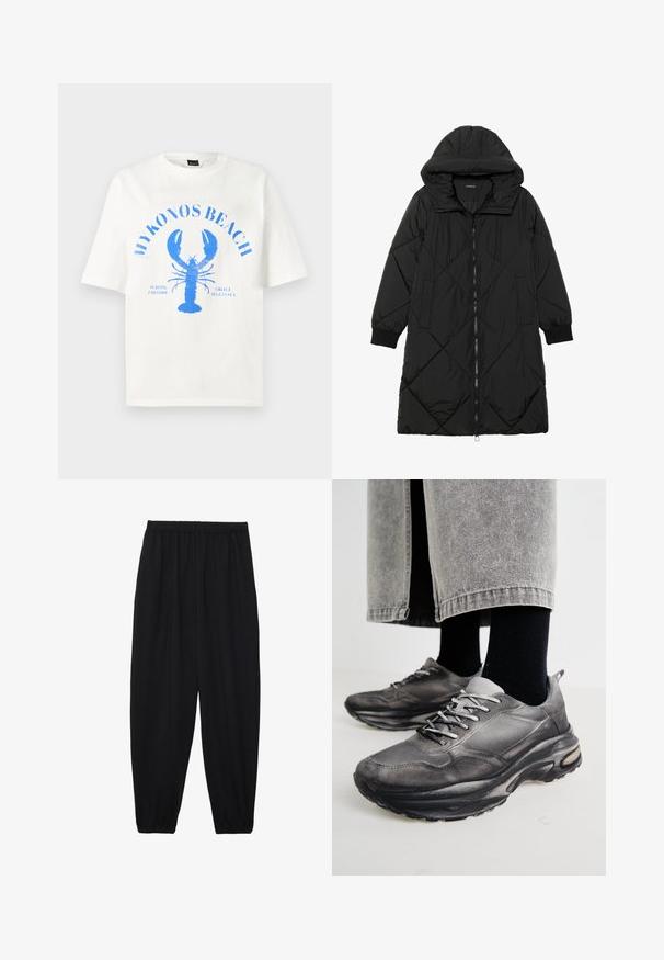 Svart quiltet puffjakke med hette, med glidelås, sidelommer og elastiske mansjetter. Glatt, vannavvisende stoff.; Hvit bomulls t-skjorte med korte ermer som har et blått hummergrafikk og teksten "MYKONOS BEACH" i buet layout.; Svarte, lette bukser med elastisk liv og rynkede ankler. Stoffet er glatt og har en avslappet, innsvingt design.; Sorte og grå treningssko har en mesh-overdel, tykke såler og snøring. De har en rund tå og synlige dempe detaljer.