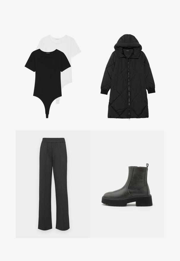 Črna prešita puffer jakna s kapuco, ki ima zadrgo, stranske žepe in elastične manšete. Gladek, vodoodporen material.; Črno-bele kratke bodi s krožnim izrezom in tangicami, izdelani iz gladkega, raztegljivega materiala.; Črne hlače ravnega kroja z elastiko v pasu, sprednjimi gubami, mehkimi tkaninami in brez vidnih vzorcev ali kovinskih detajlov.; Črne gležnjarje s gladkim sintetičnim zgornjim delom, elastičnimi stranskimi paneli, zanka za poteg in debelim gumijastim podplatom.