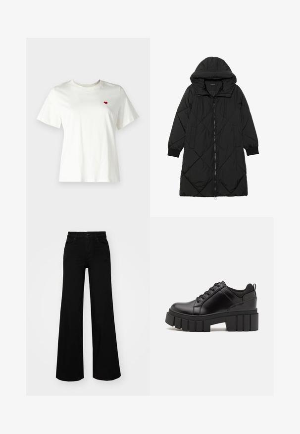 Black quilted puffer coat with a hood, featuring a zip closure, side pockets, and elastic cuffs. Smooth, water-resistant fabric.; White cotton t-shirt featuring short sleeves and a round neck, with a small red heart embroidered on the left chest area.; Black wide-leg pants made of denim, featuring a structured waistband, belt loops, and front pockets. Smooth texture with a classic design.; Black leather platform shoes with a chunky block heel, round toe, and traditional lace-up design. Features smooth texture and minimal detailing.