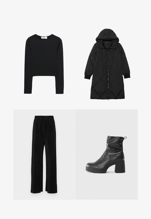 Schwarze, gesteppten Puffermantel mit Kapuze, ausgestattet mit einem Reißverschluss, seitlichen Taschen und elastischen Bündchen. Glattes, wasserabweisendes Material.; Schwarzes Langarm-Crop-Top aus leichtem Stoff, mit rundem Ausschnitt und taillierter Silhouette, sauberen Nähten und ohne Verzierungen.; Schwarze plissierte Hose mit elastischem Bund. Verfügt über weite Hosenbeine und einen glatten, strukturierten Stoff mit vertikalen Streifen.; Schwarze Stiefeletten aus glattem Leder mit seitlichem Reißverschluss, klobigem strukturiertem Absatz und runder Zehenform.