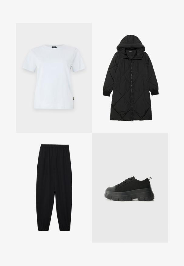 Svart quiltet puffjakke med hette, med glidelås, sidelommer og elastiske mansjetter. Glatt, vannavvisende stoff.; Lyseblå bomull T-skjorte med klassisk rund hals, korte ermer og en liten logo på brystet. Myk tekstur, avslappet passform.; Svarte, lette bukser med elastisk liv og rynkede ankler. Stoffet er glatt og har en avslappet, innsvingt design.; Svarte sneakers med en kraftig gummisåle, teksturert stoffoverdel, rund tå og snøring. Har forsterkede snørehull og bakre trekkstang.