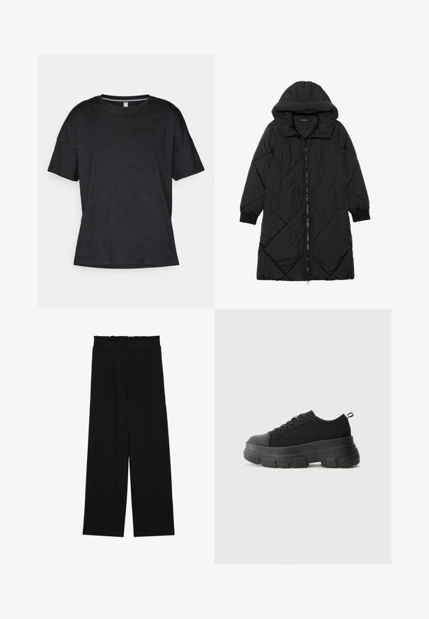 Black quilted puffer coat with a hood, featuring a zip closure, side pockets, and elastic cuffs. Smooth, water-resistant fabric.; Black short-sleeve T-shirt made of textured fabric with a subtle wave pattern, featuring a crew neckline and a relaxed fit.; Black wide-leg trousers with a ruffled waistband, featuring two side pockets and a smooth, lightweight fabric. No visible patterns or hardware.; Black sneakers with a chunky rubber sole, textured fabric upper, round toe, and lace-up design. Features reinforced eyelets and back pull tab.