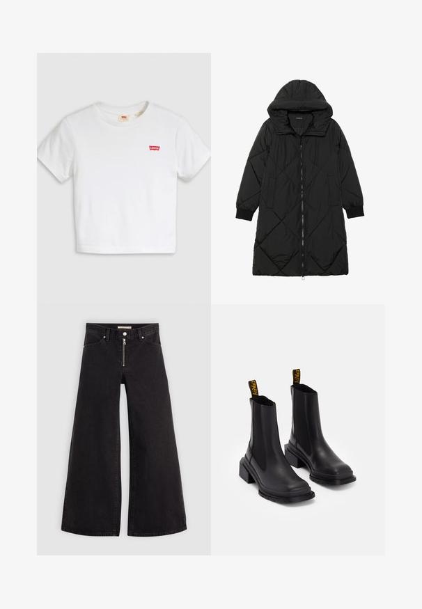 Svart quiltet puffjakke med hette, med glidelås, sidelommer og elastiske mansjetter. Glatt, vannavvisende stoff.; Hvit croppet t-skjorte laget av bomull. Har rund hals og korte ermer. Liten rød Levi's-logo på brystet. Jevn tekstur.; Vide benbukser i sort denim med glidelås i front, fem-lomme design og subtile sømdetaljer. Glatt tekstur og avslappet stil.; Sorte ankelstøvler laget av glatt lær med elastiske sidepaneler, kvadratisk tå og tykke hæler. Har gule merke-trekkremmer.