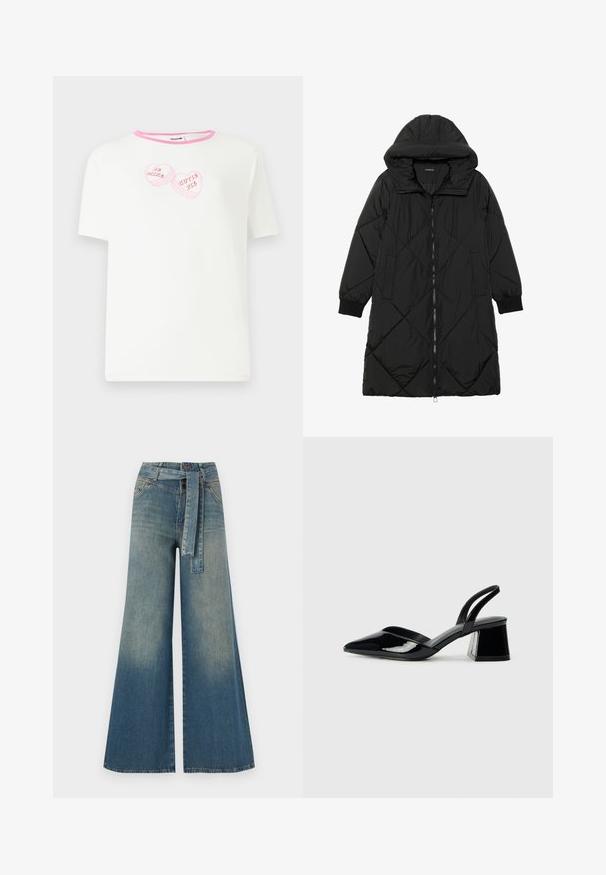 Must-havesinise mustris quiltitudis puffer jakk, millel on kapuuts, tõmblukk, küljetaskud ja elastsed varrukad. Sile, veekindel kangas.; Valge lühikeste varrukate ja roosa sooniku kraega t-särk, millel on kaks roosat südamekujulist graafikat tekstiga "OLE MINU" ja "LUMIK".; Laiad denimpüksid, millel on hele tume sinine gradiendiefekt, kõrge vöökoht, vöökumlid ja sobivast kangast vöö. Struktureeritud denimi viimistlus.; Mustad musta lakknahk kingad, millel on terav varvas ja geomeetriline plokkkonts. Omab elegantselt minimalistlikku disaini ja sujuvat tekstuuri.