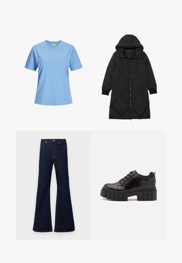 Črna prešita puffer jakna s kapuco, ki ima zadrgo, stranske žepe in elastične manšete. Gladek, vodoodporen material.; Svijetloplava majica kratkih rukava izrađena od mekanog pamuka. Ima okrugli izrez s opuštenim krojem i bez vidljivih uzoraka ili akcenta.; Temno modri flare kavbojke z visokim pasom, sprednjimi žepi in zlatimi šivi. Gladka tekstura s tradicionalnim krojem.; Črne usnjene platforme z debelim blokastim petam, okroglo konico in klasičnim vezanjem. Imajo gladko teksturo in minimalne podrobnosti.