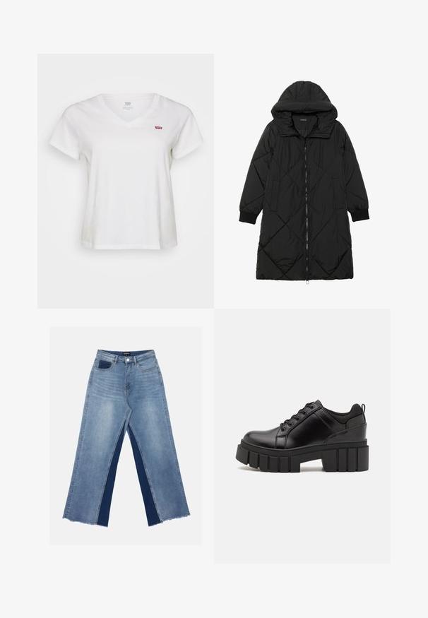 Black quilted puffer coat with a hood, featuring a zip closure, side pockets, and elastic cuffs. Smooth, water-resistant fabric.; White cotton T-shirt with a V-neck, short sleeves, and small red Levi's logo on the left chest. Soft texture, relaxed fit.; Light blue wide-leg jeans featuring contrasting dark blue panels, frayed hems, and a standard waist with a metal button closure.; Black leather platform shoes with a chunky block heel, round toe, and traditional lace-up design. Features smooth texture and minimal detailing.
