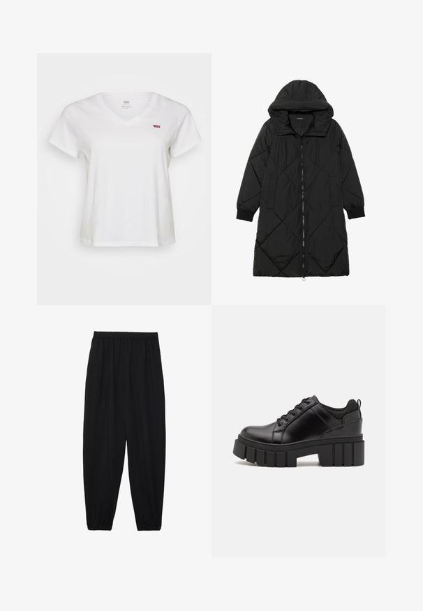 Casaco puffer acolchoado preto com capuz, apresentando um fecho de correr, bolsos laterais e punhos elásticos. Tecido suave e à prova d'água.; T-shirt branca de algodão com decote em V, mangas curtas e pequeno logótipo vermelho da Levi's no lado esquerdo do peito. Textura macia, ajuste descontraído.; Calças pretas, leves, com um cinto elástico e punhos franzidos. O tecido é suave e apresenta um design relaxado e afunilado.; Sapatos de plataforma em couro preto com um salto bloco robusto, bico redondo e design clássico de atacadores. Apresentam uma textura suave e detalhes mínimos.