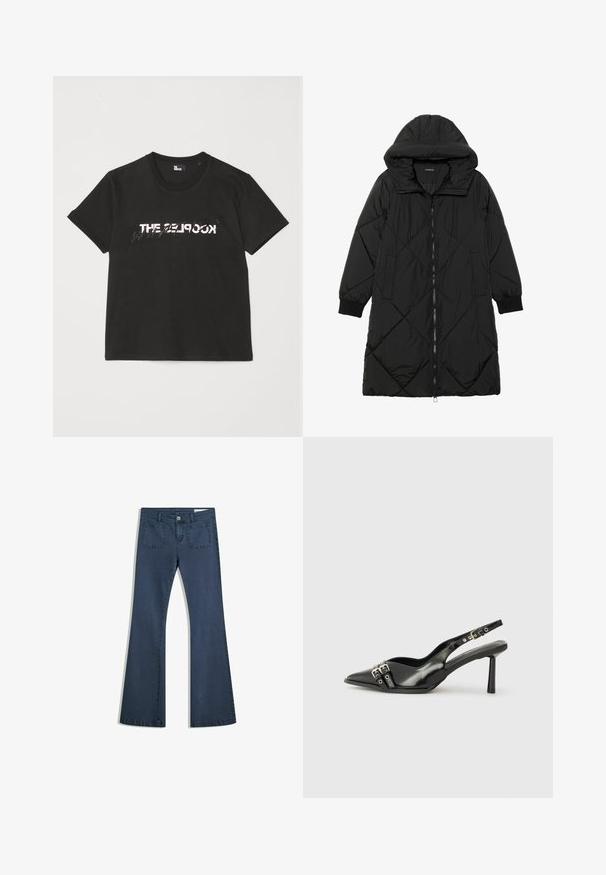 Schwarze, gesteppten Puffermantel mit Kapuze, ausgestattet mit einem Reißverschluss, seitlichen Taschen und elastischen Bündchen. Glattes, wasserabweisendes Material.; Schwarzes Baumwoll-T-Shirt mit kurzen Ärmeln, das ein gedrucktes weißes und graues "THE 2LOOK"-Design auf der Vorderseite zeigt. Klassischer Rundhalsausschnitt.; Dunkelblaue, ausgestellte Jeans aus Denim mit genähten Taschen, einem Knopfverschluss und einer glatten Textur. Mit einem klassischen Fünf-Taschen-Design.; Schwarzer Lackleder Slingback-Schuh mit spitzem Zehenbereich, Knöchelriemen mit silbernen Schnallen und Beschlägen sowie einem schlanken Absatz.