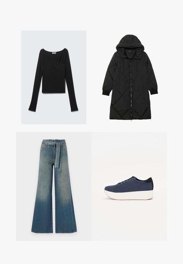 Juodas siūtais pūkų paltas su gobtuvu, turintis užtrauktuką, šonines kišenes ir elastines rankoves. Lygus, vandeniui atsparus audinys.; Juodas ilgomis rankovėmis viršus, pagamintas iš minkštos medžiagos, su drapiruotu dizainu, kryžminiu priekyje ir plačia iškirpte. Lygus paviršius, su trumpu ilgiu.; Platus džinsinis kelnes su šviesiai tamsiai mėlynu gradientu, aukštu juosmeniu, diržo kilpomis ir atitinkančiu audinio diržu. Textūruotas džinsinis paviršius.; Tamsiai mėlynas sportinis batelis su tekstūruotu audiniu viršuje, baltu platformos padu, apvaliu pirštu ir juodu kulno akcentu.š. Yra šešios skylės raišteliams.