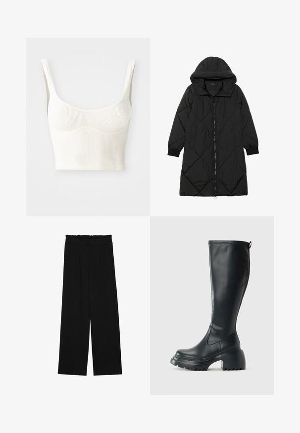 Melnas quiltētas pūkara mētelis ar kapuci, ar rāvējslēdzēja aizdari, sānu kabatām un elastīgām aprocēm. Gluda, ūdensizturīga auduma.; Krēmkrāsas ribota īsā blūze ar platām plecu siksnām un maigu, gludu faktūru. Iezīmēta ar kontūrveida krūšu šuvi un taisnu apakšmalu.; Melnas platās bikses ar volangām jostasvietā, ar divām sānu kabatām un gludu, vieglu audumu. Nav redzamu rakstu vai aksesuāru.; Augstas melnas ādas zābakus ar masīvu platformu un bloka papēdi, ar vilkšanas cilpu un strukturētu profilu uz ārējā zoles.