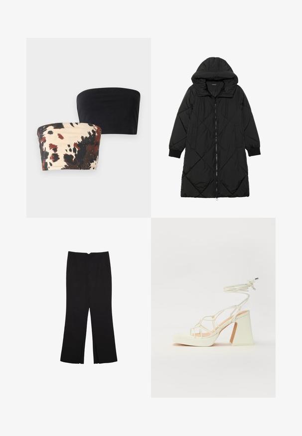 Cappotto imbottito nero trapuntato con cappuccio, caratterizzato da chiusura con zip, tasche laterali e polsini elastici. Tessuto liscio e resistente all'acqua.; Due bandeau senza spalline: una nera uniforme, l'altra crema con un audace motivo astratto in nero e marrone rossiccio. Materiale in cotone elasticizzato.; Pantaloni neri a gamba dritta, con tasche frontali e spacchi laterali all'orlo. Realizzati in tessuto morbido e liscio. Adatti a diverse occasioni.; Sandalo bianco con tacco alto, caratterizzato da un design a cinturini e un legaccio alla caviglia. Texture liscia con una piattaforma frontale per un'altezza aggiuntiva.