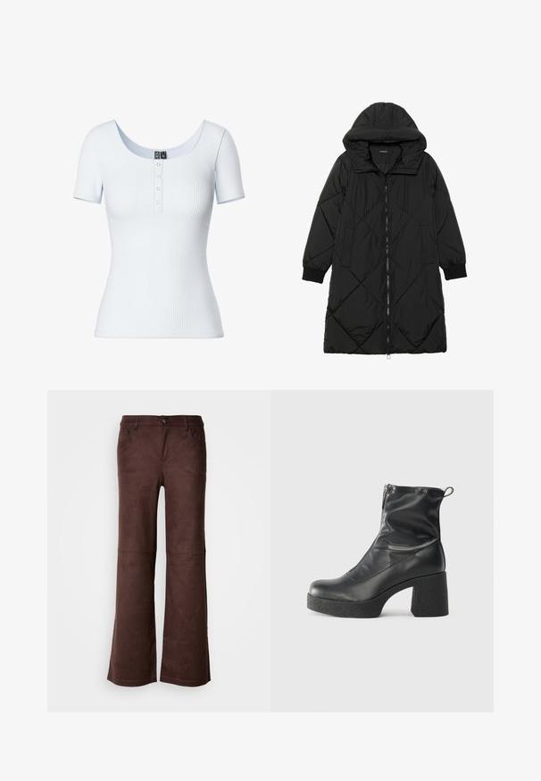 Musta tikattu puhvittakki hupulla, jossa on vetoketjukiinnitys, sivutaskut ja elastiset hihansuut. Sujuva, vettä hylkivä kangas.; Pieces PCKITTE - T-paita - bright white; Ruskeat leveät housut pehmeästä, mokkamaisesta kankaasta. Varaudut neljään taskuun, napin kiinnitykseen ja sileään, tekstuuriin pintaan.; Mustat nilkkurit, jotka on valmistettu sileästä nahasta. Niissä on sivuvetoketju, paksu teksturoitu korko ja pyöristetty kärki.