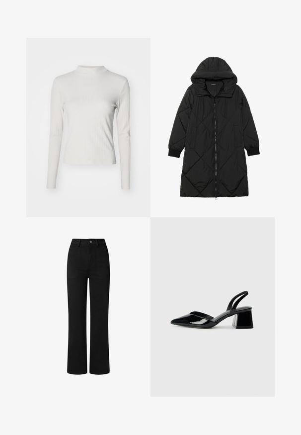 Musta tikattu puhvittakki hupulla, jossa on vetoketjukiinnitys, sivutaskut ja elastiset hihansuut. Sujuva, vettä hylkivä kangas.; Pitkähihainen, vaaleanharmaa ribbipaita korkealla kauluksella. Siinä on slim fit -leikkaus ja pehmeä tekstuuri. Ei näkyviä kuvioita tai varusteita.; Mustat, korkeavyötäröiset housut suoran lahkeen muotoilulla, valmistettu sileästä puuvillakankaasta. Varustettu etutaskuilla ja yksinkertaisella metallinappikiinnityksellä.; Mustat patentoitu nahkakengät, joissa on säären takaosa ja terävä kärki, sekä geometrinen palikkakorko. Sisältää tyylikkään, minimalistisen muotoilun ja sileän pinnan.