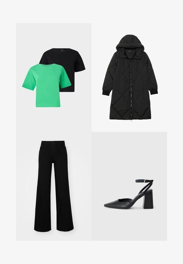 Melnas quiltētas pūkara mētelis ar kapuci, ar rāvējslēdzēja aizdari, sānu kabatām un elastīgām aprocēm. Gluda, ūdensizturīga auduma.; Divi īsām piedurknēm T-krekli zaļā un melnā kokvilnā. Katram ir apaļa kakla izgriezuma forma un brīvs piegriezums, bez rakstiem vai akcentiem.; Melni plaša kāju bikses, izgatavotas no džinsa, ar strukturētu jostu, jostu cilpiņām un priekšējām kabatām. Gluda tekstūra ar klasisku dizainu.; Melna ādas augstpapēžu kurpe ar norakstīto purngala formu, potītes siksniņu un masīlu papēdi. Gluda tekstūra, elegants dizains un minimālisma estētika.