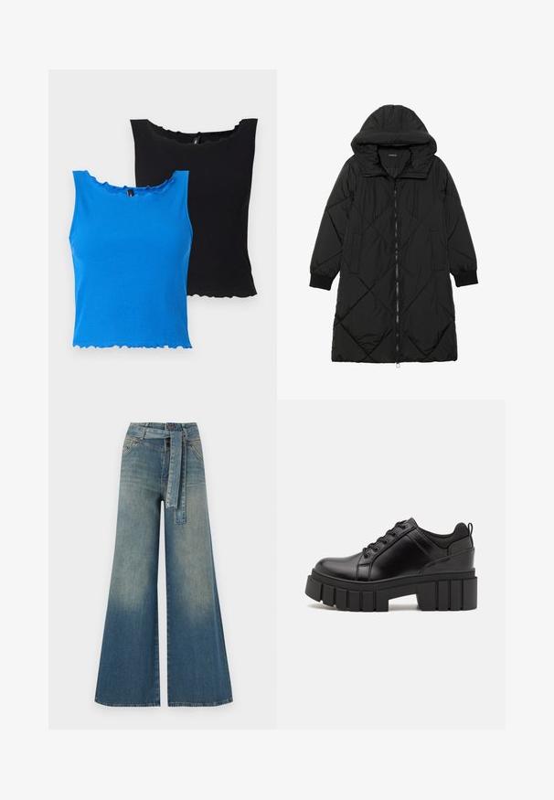 Black quilted puffer coat with a hood, featuring a zip closure, side pockets, and elastic cuffs. Smooth, water-resistant fabric.; Ribbed tank tops in blue and black, with scalloped neckline and hem. Soft fabric, sleeveless design, and slightly fitted shape.; Wide-leg denim trousers featuring a light to dark blue gradient, high waist, belt loops, and a matching fabric belt. Textured denim finish.; Black leather platform shoes with a chunky block heel, round toe, and traditional lace-up design. Features smooth texture and minimal detailing.