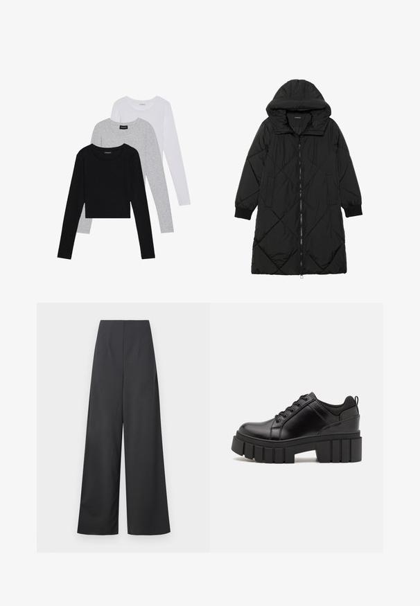 Juodas siūtais pūkų paltas su gobtuvu, turintis užtrauktuką, šonines kišenes ir elastines rankoves. Lygus, vandeniui atsparus audinys.; Trijų ilgomis rankovėmis marškinėlių krūva: juodas, pilkas ir baltas. Kiekvienas turi apvalų iškirpimą ir trumpą dizainą, pagamintas iš lygaus, lengvo audinio.; aukšto juosmens, plačių kojų kelnės tamsiai pilkos spalvos audiniu su lygiu paviršiumi. Neturi matomų kišenių ar papuošimų.; Juodi odiniai platformos batai su masyviu blokuota kulniuku, apvalia nosimi ir tradiciniu šnypštimo dizainu. Turintys glotnų paviršių ir minimalų dekoravimą.