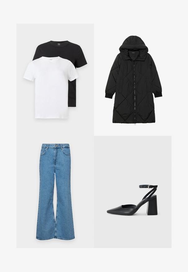 Black quilted puffer coat with a hood, featuring a zip closure, side pockets, and elastic cuffs. Smooth, water-resistant fabric.; Two T-shirts: one white and one black, both with short sleeves and a round neckline, made of cotton with a smooth texture.; Light blue flared jeans made of denim, featuring a high waist, five pockets, and a single button closure. Soft texture with faded finish.; Black leather pointy-toe pump with an ankle strap and a chunky heel. Flat texture, sleek design, and minimalistic aesthetics.