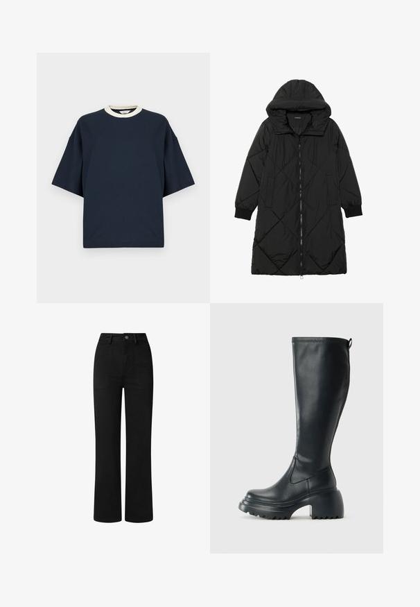 Cappotto imbottito nero trapuntato con cappuccio, caratterizzato da chiusura con zip, tasche laterali e polsini elastici. Tessuto liscio e resistente all'acqua.; T-shirt oversize blu navy con scollatura a costine crema a contrasto. Maniche corte e vestibilità rilassata. Realizzato in morbido cotone.; Pantaloni neri a vita alta con design a gamba dritta, realizzati in morbido tessuto di cotone. Presentano tasche frontali e una semplice chiusura con bottone in metallo.; Stivale lungo in pelle nera con suola piatta robusta e tacco a blocco, dotato di linguetta e battistrada testurizzato sulla suola.